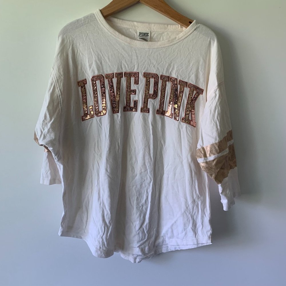VS PINK Sequin Varsity 3/4 Sleeve Logo T-Shirt